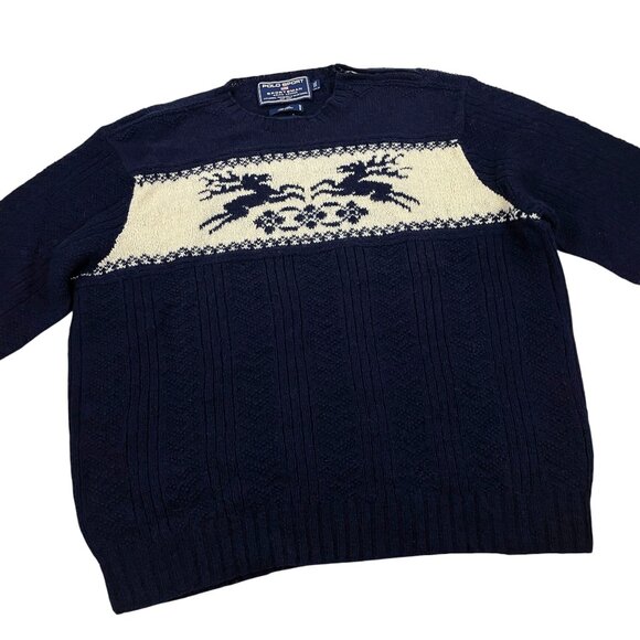 Vintage Ralph Lauren Polo Sport Hand Knit Wool Reindeer Sweater Mens XXL Navy - Picture 1 of 9